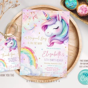 Editable Unicorn Birthday Invitation Template, Unicorn Birthday Invitation, Unicorn Thank you tags, Unicorn Invitation