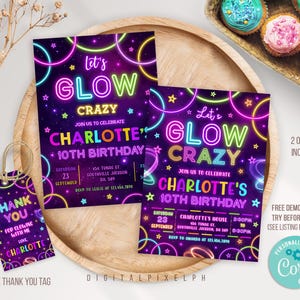 Bewerkbare Glow Party verjaardagsuitnodiging, Glow uitnodiging, Glow Party verjaardagsuitnodiging, Glow bedanktag, Glow Party uitnodiging