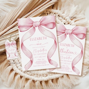 Invito di compleanno con fiocco rosa Coquette, modello modificabile (download digitale)