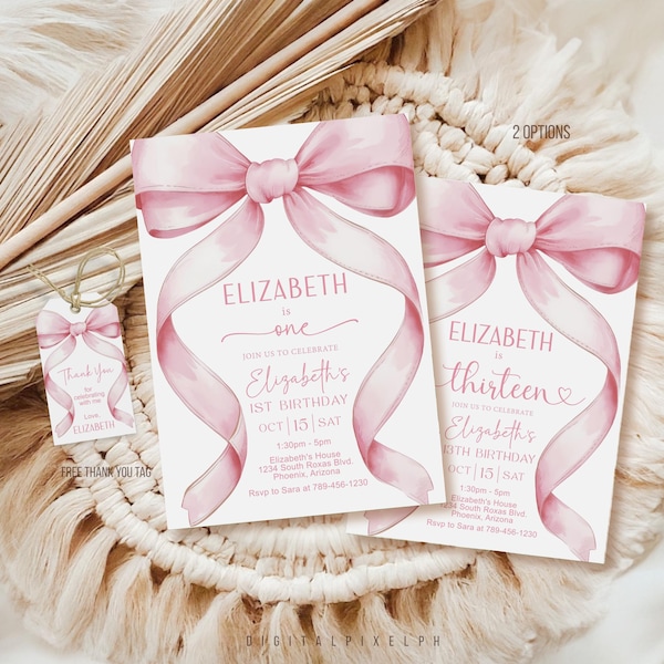 Invito di compleanno con fiocco rosa Coquette, modello modificabile (download digitale)