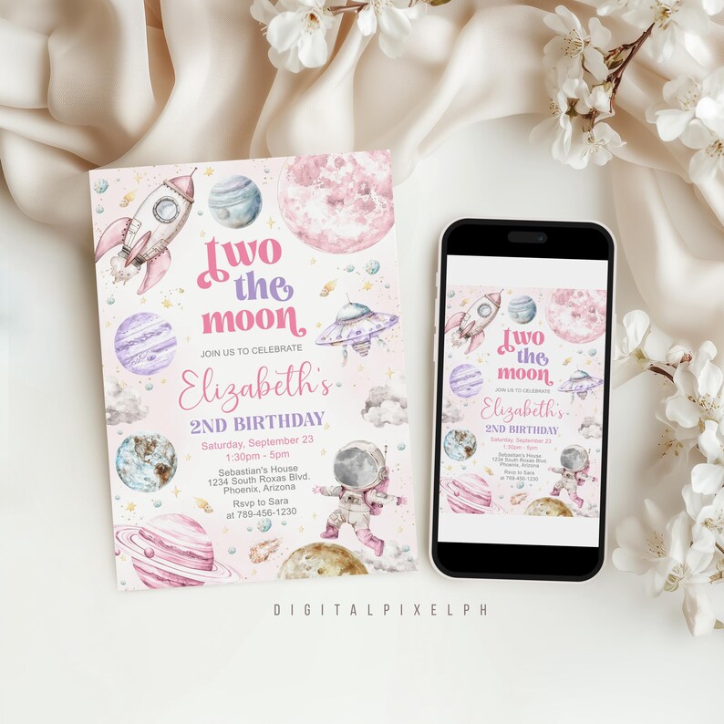 May include: A pink and purple space-themed birthday invitation with a rocket ship, planets, and an astronaut. The invitation reads "Two the Moon" and includes event details. A smartphone displays the same design.
