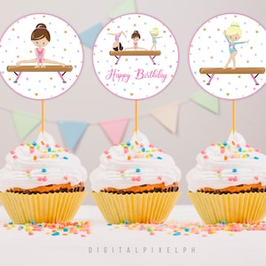 Gymnastics Birthday Party Cupcake Toppers, Gymnastics Cupcake Toppers, Instant Download, Non-Editable