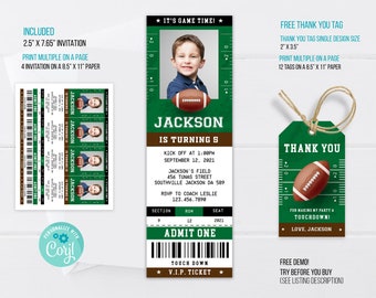 Editable Football Birthday Invitation Template, Football Invitation, Football thank you tag