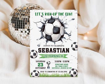 May include: A rectangular birthday invitation card featuring a black and white soccer ball graphic breaking through a wall. The text reads: LET'S KICK-UP THE FUN! JOIN-US TO CELEBRATE SEBASTIAN IS TURNING 8, SATURDAY 23 SEPTEMBER, 3:00PM-5:00PM.