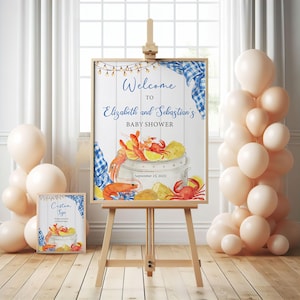 Välkomstskylt för babyshower med kräftor, redigerbart skaldjurstema (digital nedladdning)