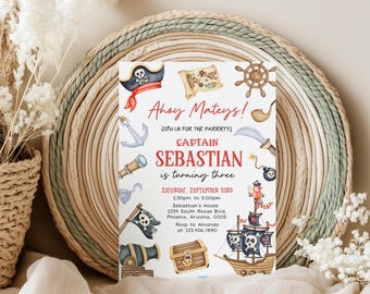 Pirate Birthday Invitation Template, Pirate Thank You Tags (Digital Download)