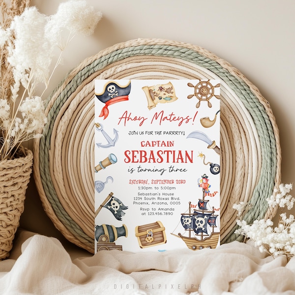 Pirate Birthday Invitation Template, Pirate Thank You Tags (Digital Download)
