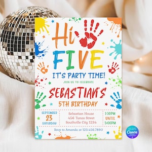 May include: A rectangular birthday party invitation card featuring colorful handprints and paint splatters. The text reads Hi FIVE IT'S PARTY TIME! JOIN US TO CELEBRATE SEBASTIAN'S 5TH BIRTHDAY, with event details including date, time, location, and RSVP contact.