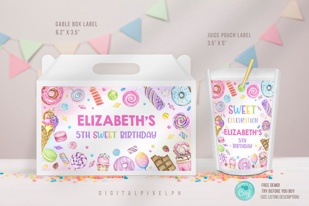 Sweets Candy Gable Box Favor Label, Sweets Candy Capri Sun Juice Labels ...