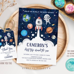 Outer Space Birthday Invitation Template, Planets Rocket Ship Astronaut Invite, Galaxy Blast Off Invitation, Editable Invitation image 1