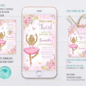 Modello di invito elettronico modificabile per ballerina, invito telefonico per ballerina, invito di compleanno per ballerina, invito di balletto M3L