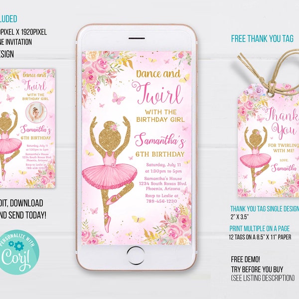 Ballerina Electronic Invitation Template, Ballerina Birthday Phone Invitation, Ballerina Thank you tag, Ballet Electronic Invitation