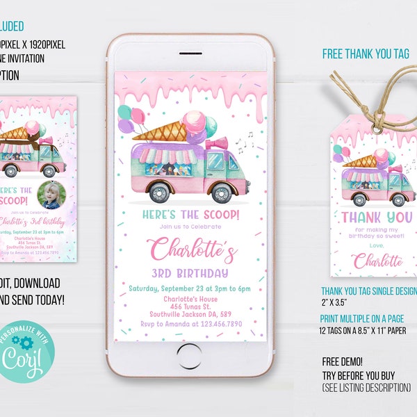 Ice Cream Truck Electronic Invitation Template Ice Cream Phone Invitation Editable Electronic Invitation