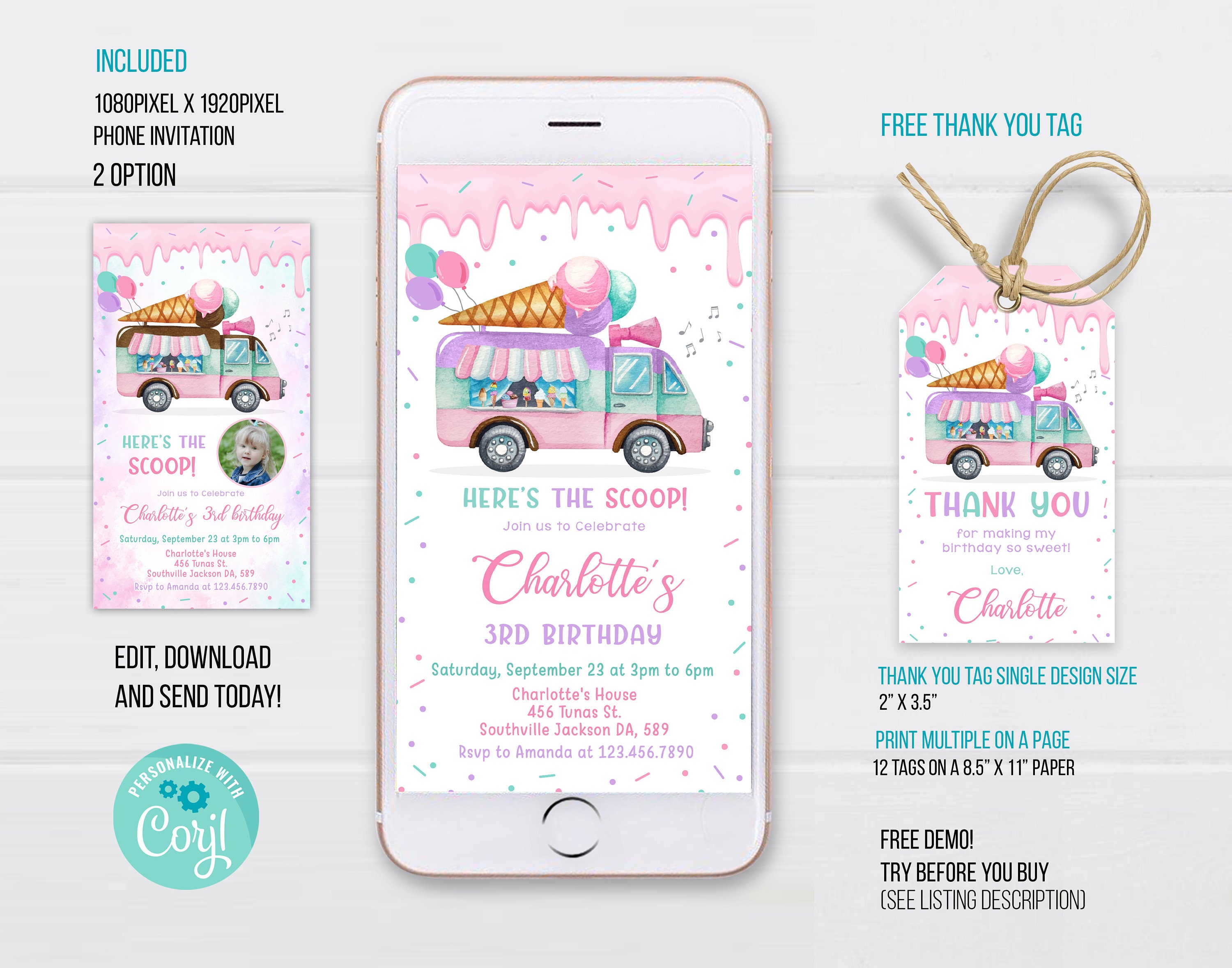 Ice Cream Truck Electronic Invitation Template Ice Cream Phone Invitation Editable Electronic Invitation, DPPH