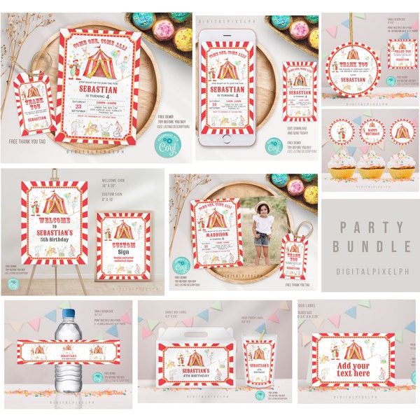 Editable Circus Birthday Invitation Bundle Template, Circus Welcome Custom Sign, Circus label, Circus party decor