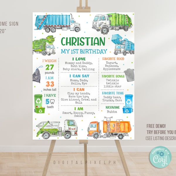 Editable Garbage Truck Birthday Milestone Poster Template, Garbage Truck Milestone Poster, Garbage Truck Milestone Board Poster