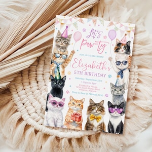 Könnte beinhalten: Eine rechteckige Geburtstagseinladungskarte mit Aquarellillustrationen von acht Katzen, die Partyhüte, Sonnenbrillen und Fliegen tragen. Der Text lautet Let's Paw-ty, Elizabeth's 5th Birthday, Saturday, September 23rd, 1:30pm to 5pm, Elizabeth's House, 1234 South Roxas Blvd, Phoenix, Arizona, und RSVP to Sara at 709-456-1230.