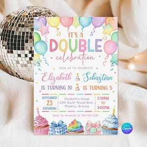 May include: A rectangular birthday invitation card featuring pastel balloons, stars, and cupcakes. The text reads: IT'S A DOUBLE CELEBRATION, Elizabeth is turning 10, Sebastian is turning 5, September 23, Saturday, 2:30PM to 5:00PM, 1234 South Roxas Blvd.