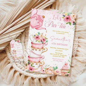 Bearbeitbare Tee-Party-Geburtstags-Einladungsvorlage, Blumen-Dankeschön-Tag (digital)