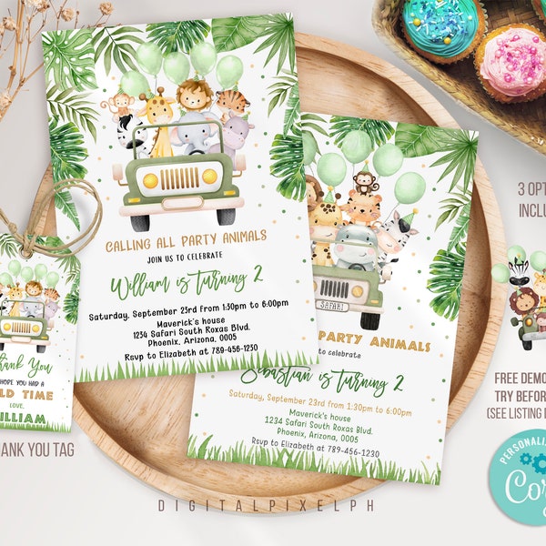 EDITABLE Safari Birthday Invitation, Wild One 1st Birthday Invite, Jungle Animals invitations, Safari thank you tags