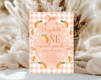 Peach Birthday Invitation Template, One Sweet Peach Birthday Invitation, Peach Thank You Tags (Digital Download)