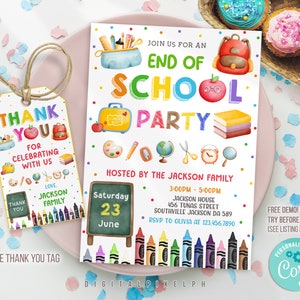 Modello modificabile di invito alla festa di fine scuola, Invito alla festa scolastica, Invito alla festa estiva per bambini, Invito alla festa di fine scuola