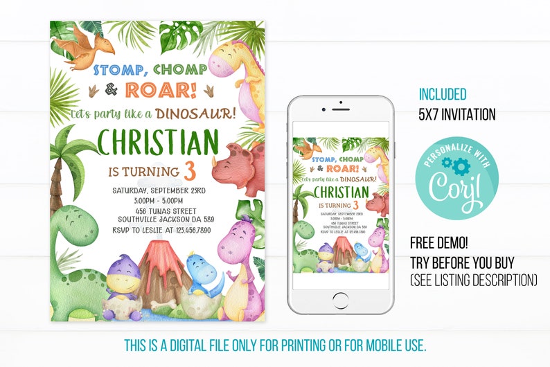 Dinosaur Birthday Party Invitation Template Dinosaur Birthday - Etsy