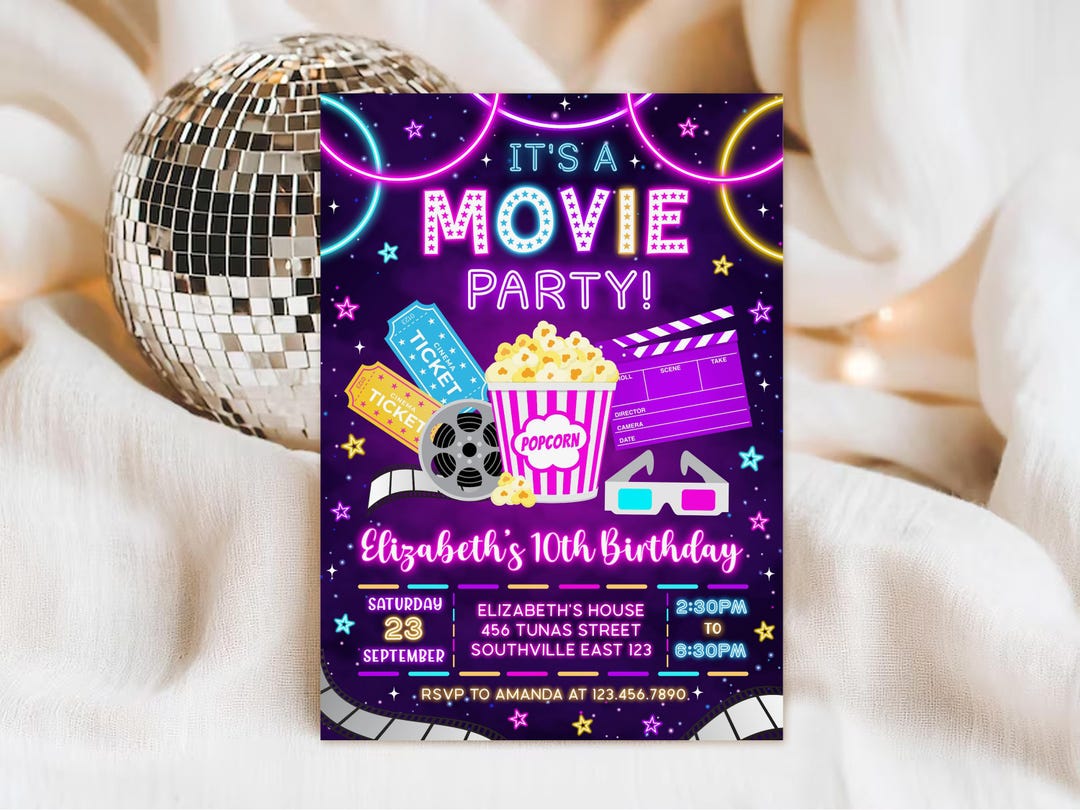 Neon Movie Night Birthday Invitation Template (digital Download) - Etsy