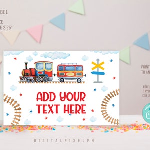 Etiqueta editable de comida de tren, tarjetas de comida para fiesta de cumpleaños de tren, etiqueta de comida de tren, MITMS2