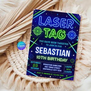 Neon Laser Tag Birthday Invitation, Arcade Party, Neon Laser Tag Thank You Tags (Digital Download)