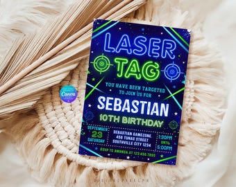Neon Laser Tag Birthday Invitation, Arcade Party, Neon Laser Tag Thank You Tags (Digital Download)