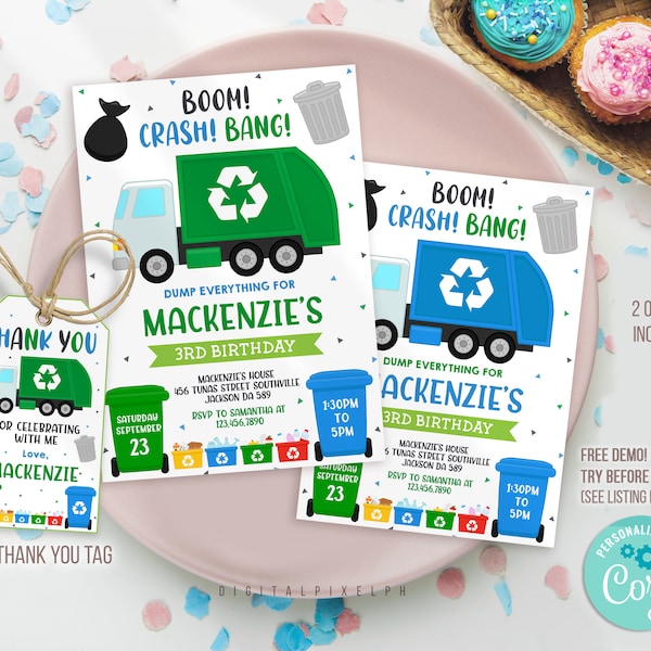 Editable Garbage Truck Birthday Invitation Template, Dump Truck Party Invitation, Garbage Truck thank you tag