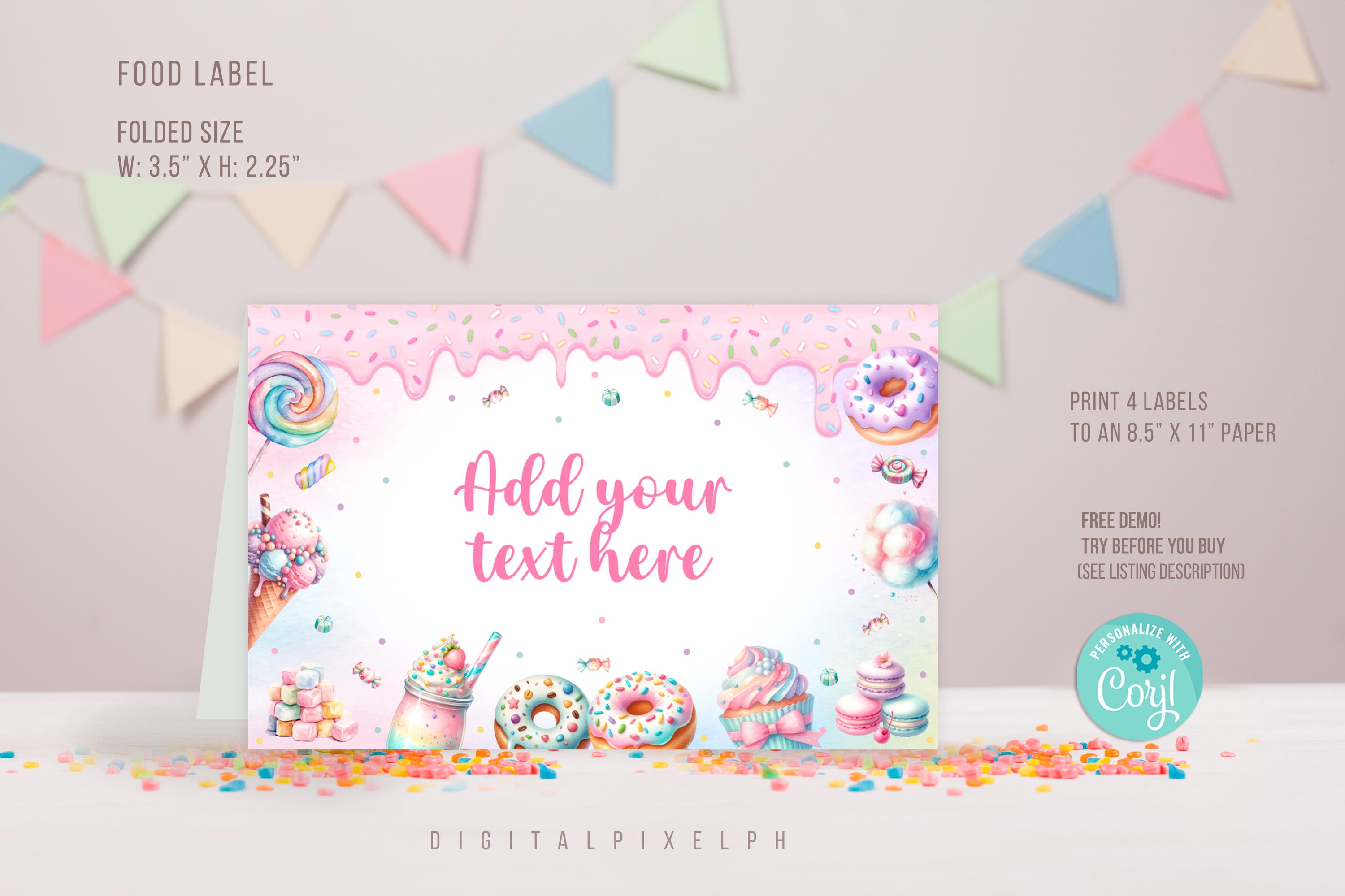 Editable Sweets Food Label, Candy Birthday Party Tent Cards (digital ...