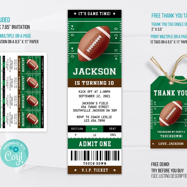 Editable Football Birthday Invitation Template, Football Invitation, Football thank you tag