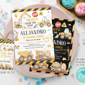 Editable Construction Birthday Party Invitation Template, Construction Invitation Template, Construction thank you tag