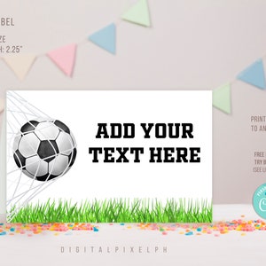 Bearbeitbares Fußball-Etikett, Fußball-Essenszeltkarten, Fußball-Essenszeltetikett