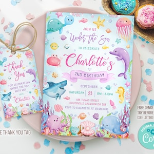 Bewerkbare Under The Sea-verjaardagsuitnodiging, bewerkbare sjabloon Ocean Animals-feestuitnodiging, Under The Sea-bedanktag M3L