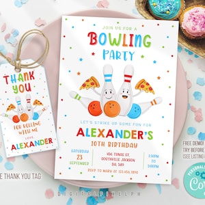 Bowling Birthday Invitation, Bowling Invitation, Bowling Template, Bowling thank you tag, Bowling Editable Template, DPPH