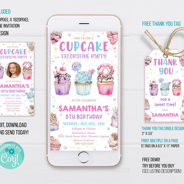 Cupcakes Electronic Invitation Template, Cupcakes Birthday Phone Invitation, Cupcake Birthday Electronic Invitation