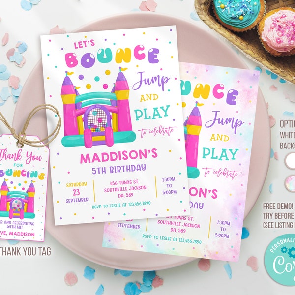 Bounce House Birthday Party Invitation Template, Bounce House Birthday Party Invite, Bounce House thank you tag, Printable, Instant download