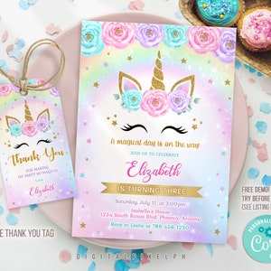 Editable Unicorn Birthday Invitation Template, Unicorn Birthday Invitation, Unicorn Thank you tags