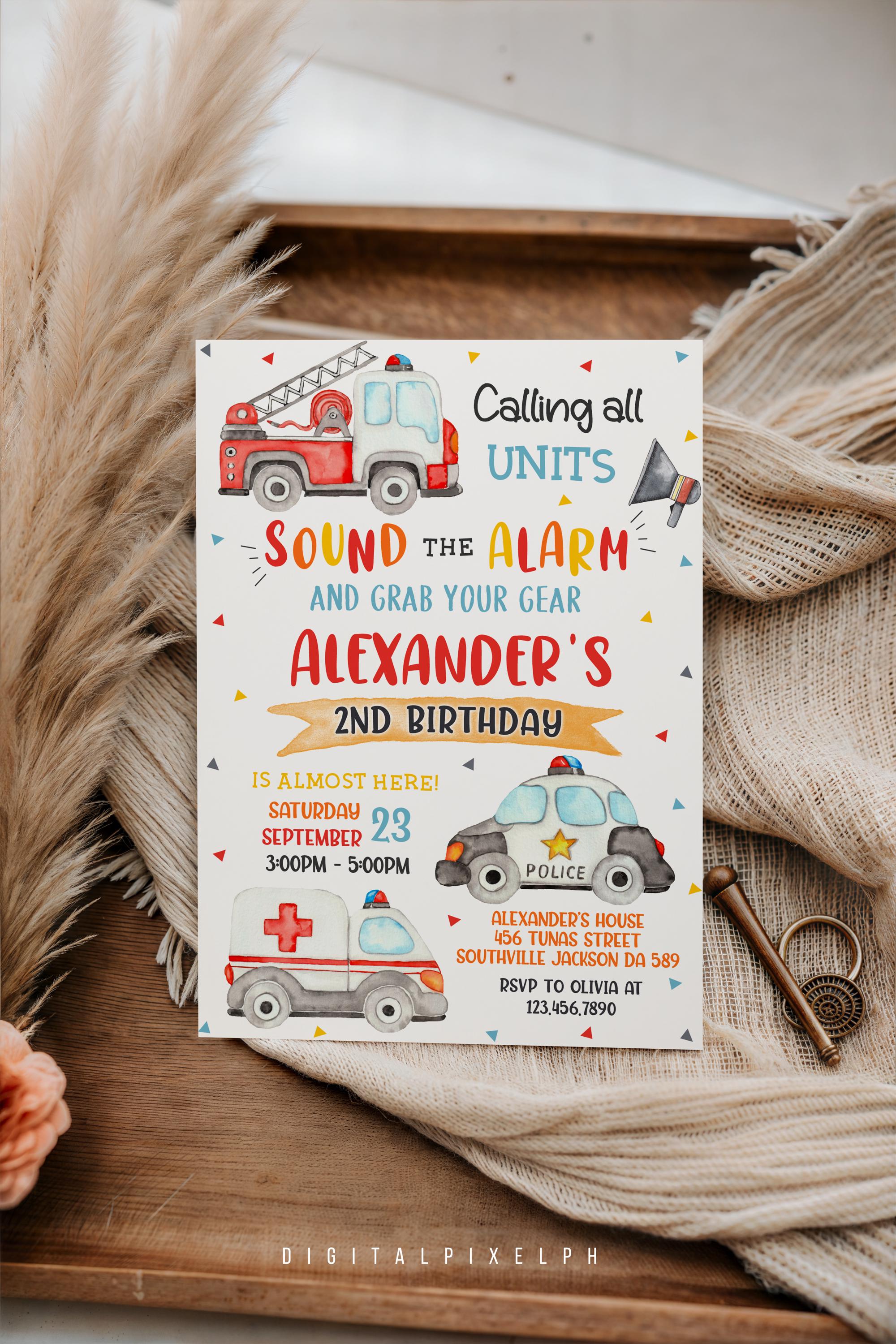 Emergency Vehicles Birthday Invitation, First Responders Invitation ...