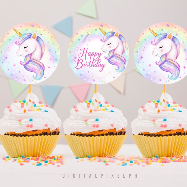 Unicorn Birthday Party Cupcake Toppers, Unicorn Cupcake Toppers, Instant Download, Non-Editable