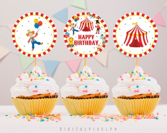 Circus Birthday Cupcake Toppers, Circus Cupcake Toppers, Carnival Cupcake Toppers, Instant Download, Non-Editable