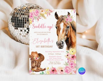 May include: A rectangular birthday invitation card featuring a brown horse head with a floral crown, a pair of brown cowboy boots with flowers, and pink floral accents. The text reads: Saddle up! AND GALLOP ON OVER TO CELEBRATE Elizabeth's 1ST BIRTHDAY.