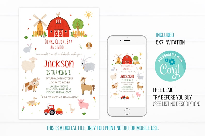 Farm Birthday Party Invitation Template Minimalist Farm Etsy