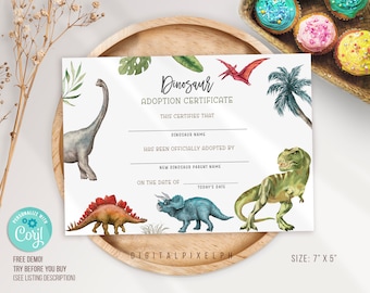 Plantilla de certificado de adopción de dinosaurios editable, plantilla de certificado de adopción de dinosaurios