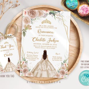 Modèle modifiable d'invitation de Quinceañera champagne blanc et or, Mis Coing Invitation, Invitation Quinceañera, étiquette de remerciement Quinceañera