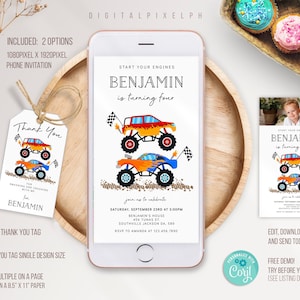 Editable Monster Truck Electronic Invitation Template, Monster Truck Phone Invitation, Monster Truck Birthday Invitation, DPH