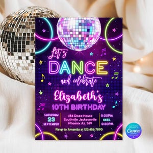 May include: A rectangular birthday invitation card featuring a purple background with a disco ball, neon rings, and musical notes. The text reads: Let's DANCE and celebrate Elizabeth's 10TH BIRTHDAY, Saturday 23 September, 456 Disco House, 8:30PM UNTIL 9:30PM, Rsvp to Amanda at 123.456.7890.